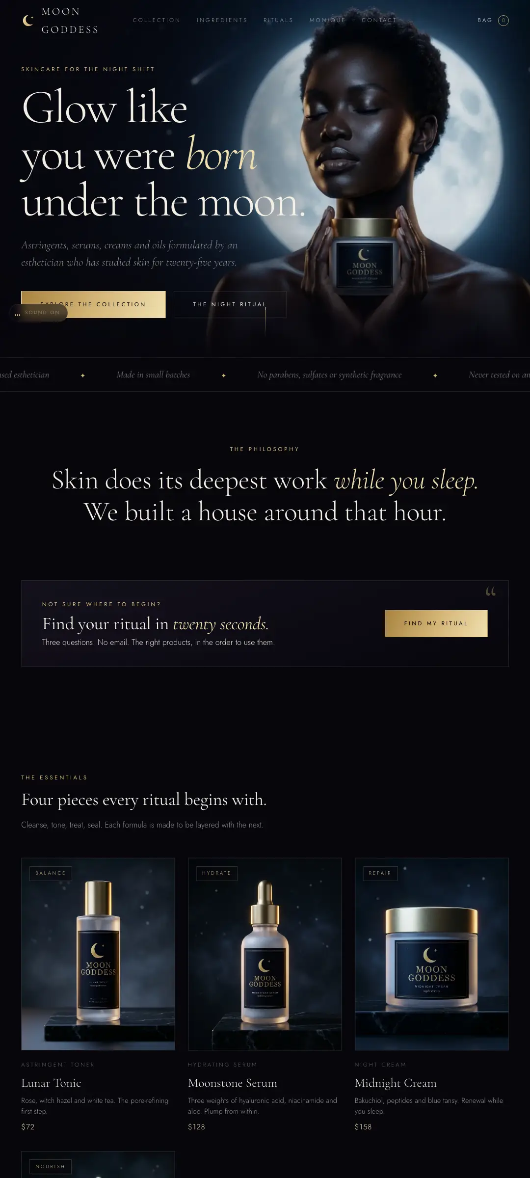 Moon Goddess Skincare homepage: Glow like you were born under the moon.